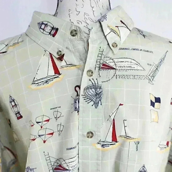 Puritan size 3XL 100% cotton nautical theme short sleeve button down shirt tan - Picture 3 of 16